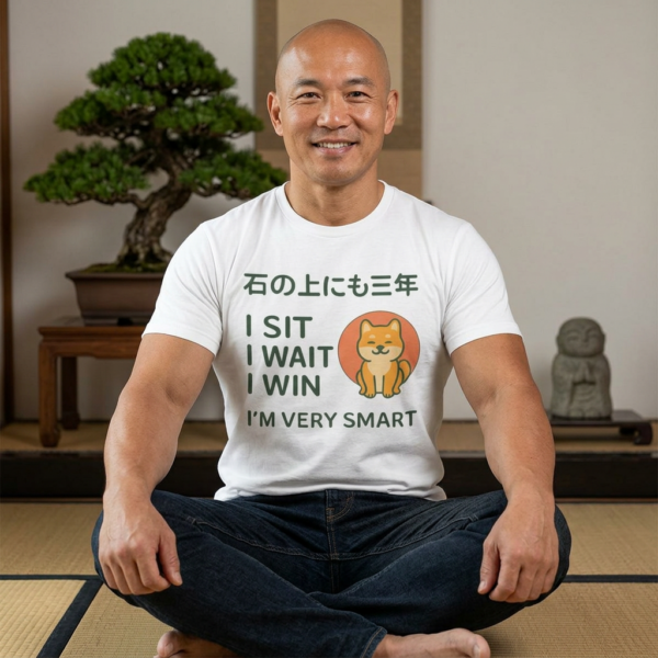 20260601163910-1f15dd86-a31a-6b9e-8ceb-a244524e4a77.png Shiba Inu Wisdom T-Shirt – "I Sit I Wait I Win" Cute Japanese Tee